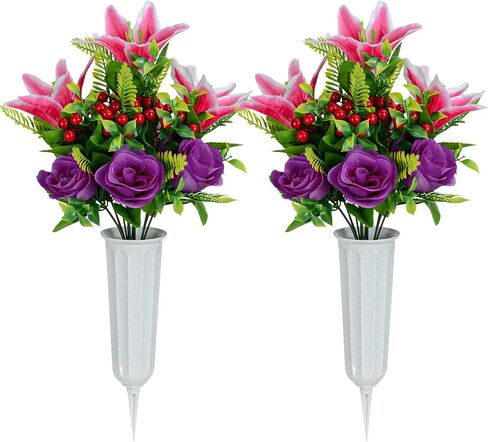 XONOR Artificial Cemetery Flowers for Grave, Set of 2 Artificial Memorial Flowers with Vase for Outdoor Cemetery Headstones Graveyard Gravestone Decoration (Pink Lily&Purple Rose) in Saudi Arabia