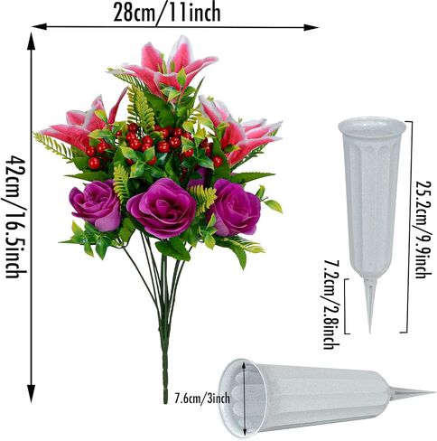 XONOR Artificial Cemetery Flowers for Grave, Set of 2 Artificial Memorial Flowers with Vase for Outdoor Cemetery Headstones Graveyard Gravestone Decoration (Pink Lily&Purple Rose) in Saudi Arabia