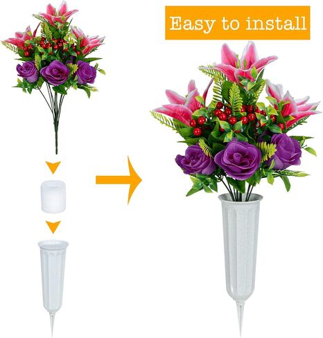 XONOR Artificial Cemetery Flowers for Grave, Set of 2 Artificial Memorial Flowers with Vase for Outdoor Cemetery Headstones Graveyard Gravestone Decoration (Pink Lily&Purple Rose) in Saudi Arabia