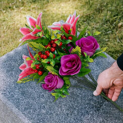 XONOR Artificial Cemetery Flowers for Grave, Set of 2 Artificial Memorial Flowers with Vase for Outdoor Cemetery Headstones Graveyard Gravestone Decoration (Pink Lily&Purple Rose) in Saudi Arabia