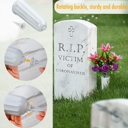 XONOR Artificial Cemetery Flowers for Grave, Set of 2 Artificial Memorial Flowers with Vase for Outdoor Cemetery Headstones Graveyard Gravestone Decoration (Pink Lily&Purple Rose) in Saudi Arabia