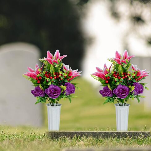 XONOR Artificial Cemetery Flowers for Grave, Set of 2 Artificial Memorial Flowers with Vase for Outdoor Cemetery Headstones Graveyard Gravestone Decoration (Pink Lily&Purple Rose) in Saudi Arabia