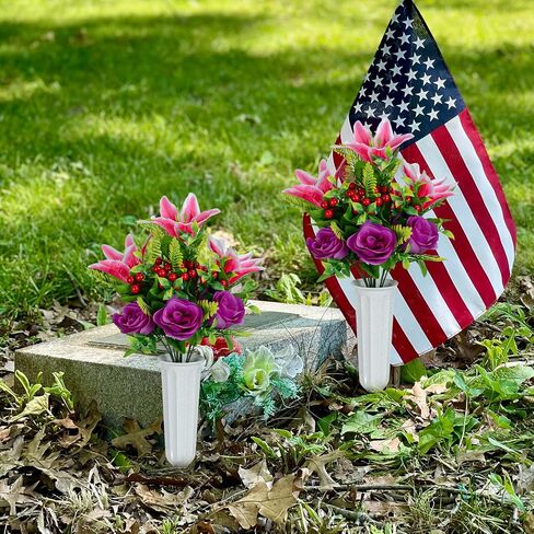 XONOR Artificial Cemetery Flowers for Grave, Set of 2 Artificial Memorial Flowers with Vase for Outdoor Cemetery Headstones Graveyard Gravestone Decoration (Pink Lily&Purple Rose) in Saudi Arabia
