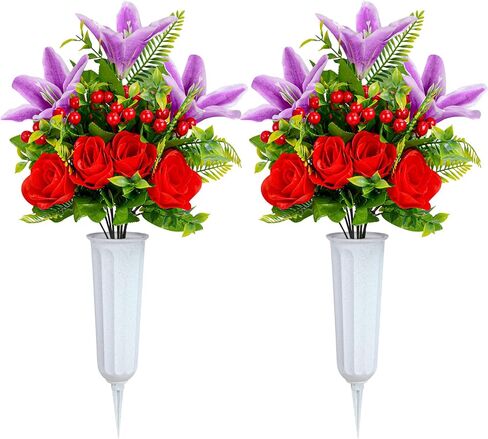 XONOR Artificial Cemetery Flowers for Grave, Set of 2 Artificial Memorial Flowers with Vase for Outdoor Cemetery Headstones Graveyard Gravestone Decoration (Pink Lily&Purple Rose) in Saudi Arabia