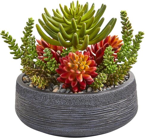 Nearly Natural 12" Succulent Garden Artificial Bowl Silk Plants Red/Green in Saudi Arabia
