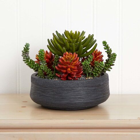 Nearly Natural 12" Succulent Garden Artificial Bowl Silk Plants Red/Green in Saudi Arabia