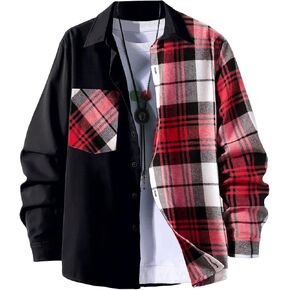 OYOANGLE Men's Colorblock Plaid Print Button Down Long Sleeve Pocket Collared Shirts Top