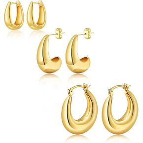 3 Pairs Chunky Gold Hoop Earrings Sets for Women 14k Gold Plated Dainty Hypoallergenic Lightweight Thick Huggie Earrings Trendy Jewelry for Girls in Saudi Arabia