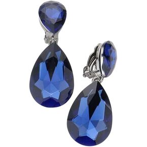 Rosemarie & Jubalee Women's Double Teardrop Statement Glass Crystal Rhinestone Dangle Clip On Bridal Earrings, 2"