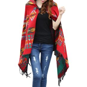 futurino Women's Bohemian Aztec Print Blanket Poncho Hoodie Cape Shawl with Tassels