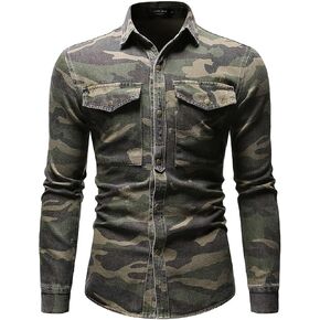 utcoco Men's Casual Slim Fit Long Sleeve Lapel Button Down Denim Shirt with Chest Pockets