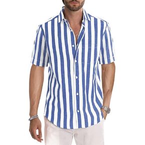 Gnvviwl Men's Casual Long Short Sleeve Button-Down Shirts Striped Cotton Dress Shirt with Pocket