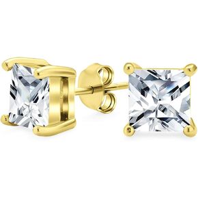 Square Cubic Zirconia Solitaire Princess AAA CZ Stud Earrings For Women Men 14K Gold Plated Sterling Silver 5 6 7 8MM