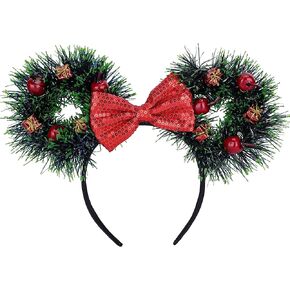 VISSTREE Christmas Mouse Ear Headband Bow - Christmas Bell Red Santa Claus Mouse Ear Led Light Costume Headband