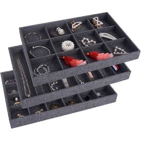 AUTOARK Grey Linen Stackable Jewelry Tray Showcase Display Organizer,Set of 3,AJ-010