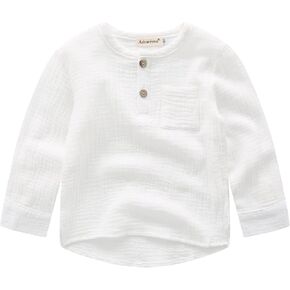 Ashmyova Boys Cotton Linen Shirt Toddler Boys Button Up Pocket Long Sleeve Blouse Dress Shirts Fall Tees Tops