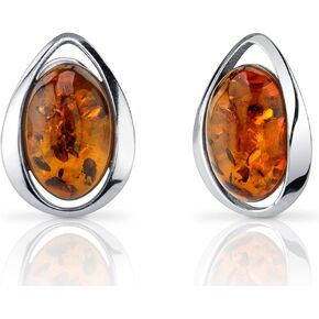 Peora Genuine Baltic Amber Pendant Necklace, Earrings and Bracelet in Sterling Silver, Floating Oval Shape Design, Rich Cognac Color