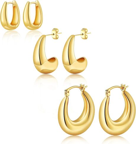 3 Pairs Chunky Gold Hoop Earrings Sets for Women 14k Gold Plated Dainty Hypoallergenic Lightweight Thick Huggie Earrings Trendy Jewelry for Girls in Kuwait