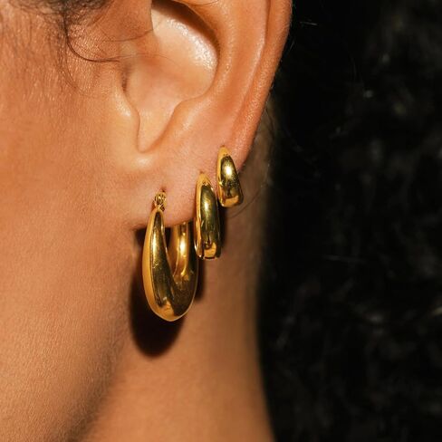 3 Pairs Chunky Gold Hoop Earrings Sets for Women 14k Gold Plated Dainty Hypoallergenic Lightweight Thick Huggie Earrings Trendy Jewelry for Girls in Kuwait
