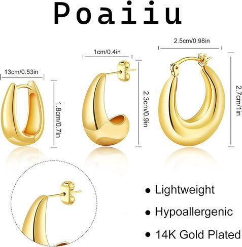 3 Pairs Chunky Gold Hoop Earrings Sets for Women 14k Gold Plated Dainty Hypoallergenic Lightweight Thick Huggie Earrings Trendy Jewelry for Girls in Kuwait