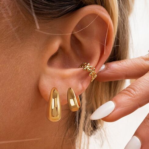 3 Pairs Chunky Gold Hoop Earrings Sets for Women 14k Gold Plated Dainty Hypoallergenic Lightweight Thick Huggie Earrings Trendy Jewelry for Girls in Kuwait