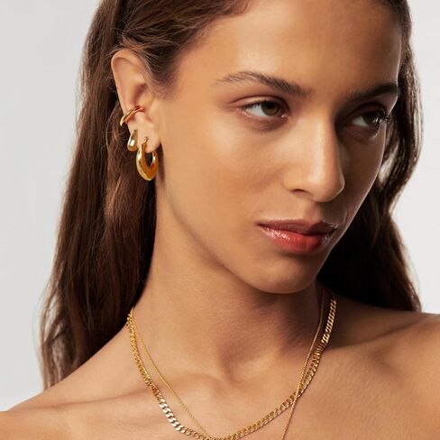 3 Pairs Chunky Gold Hoop Earrings Sets for Women 14k Gold Plated Dainty Hypoallergenic Lightweight Thick Huggie Earrings Trendy Jewelry for Girls in Kuwait