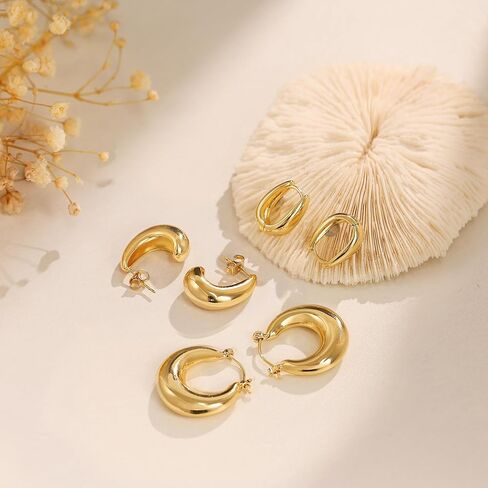 3 Pairs Chunky Gold Hoop Earrings Sets for Women 14k Gold Plated Dainty Hypoallergenic Lightweight Thick Huggie Earrings Trendy Jewelry for Girls in Kuwait