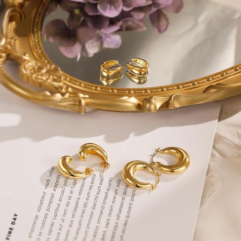 3 Pairs Chunky Gold Hoop Earrings Sets for Women 14k Gold Plated Dainty Hypoallergenic Lightweight Thick Huggie Earrings Trendy Jewelry for Girls in Kuwait