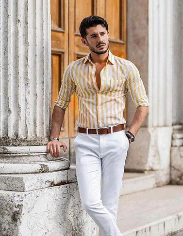 قمصان Gnvviwl الرجالية الكاجوال بأكمام قصيرة وأزرار سفلية من القطن المخطط مع جيب in Kuwait