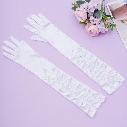 SUMERSHA Long Satin Gloves With Rhinestones Women Elbow Length Sparkly Opera Party 20s Gloves Wedding Costume Accessories in Saudi Arabia