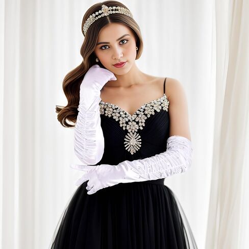 SUMERSHA Long Satin Gloves With Rhinestones Women Elbow Length Sparkly Opera Party 20s Gloves Wedding Costume Accessories in Saudi Arabia