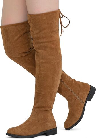 Women's Synthetic Suede Over the Knee Flat Heel Thigh High Boots | Dressy casual thigh high boots,long tall knee high boots ,side zipper, tie-back top,fall,dating,outfit,weekend in Saudi Arabia