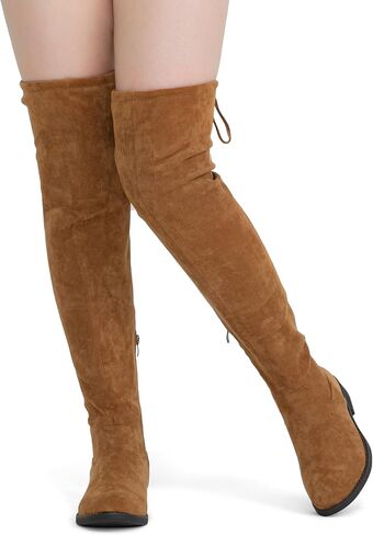Women's Synthetic Suede Over the Knee Flat Heel Thigh High Boots | Dressy casual thigh high boots,long tall knee high boots ,side zipper, tie-back top,fall,dating,outfit,weekend in Saudi Arabia