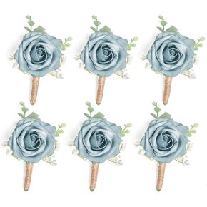 ANNKIN Ivory Rose Boutonniere with Eucalyptus for Men, Set of 6, Wedding Flower Boutonnieres with Pins for Groom and Best Man Wedding Ceremony Anniversary, Homecoming Prom Party (Timeless Ivory) in Saudi Arabia