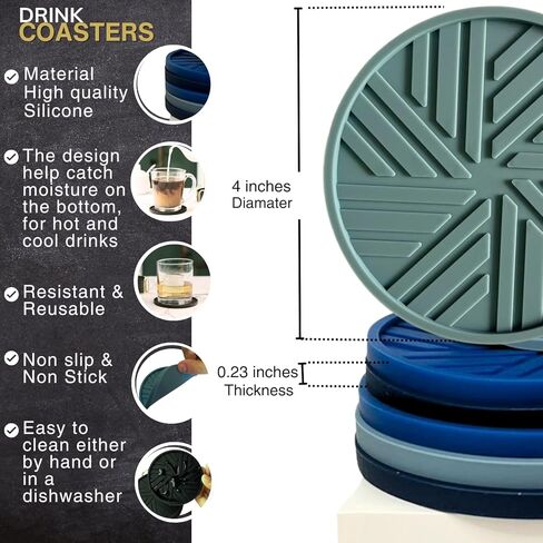 مجموعة قواعد أكواب Angardy Homeware مكونة من 6 - قواعد أكواب غير قابلة للانزلاق للمشروبات - سيليكون - قواعد ماصة بأنماط حديثة وأخدود وحامل معدني ذهبي - أسود - هدية الانتقال لمنزل جديد - ديكور المنزل in Saudi Arabia
