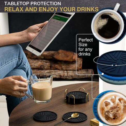 مجموعة قواعد أكواب Angardy Homeware مكونة من 6 - قواعد أكواب غير قابلة للانزلاق للمشروبات - سيليكون - قواعد ماصة بأنماط حديثة وأخدود وحامل معدني ذهبي - أسود - هدية الانتقال لمنزل جديد - ديكور المنزل in Saudi Arabia