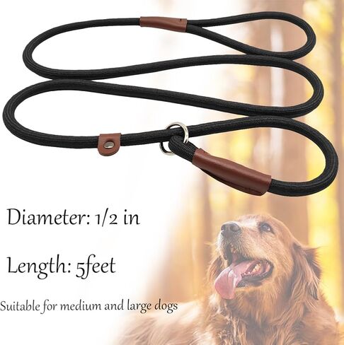BTINESFUL 5FT Durable Slip Lead Rope Dog Leash, No Pull Nylon Training Leash for Medium Large Dogs, 1/2" X 5', Black in Kuwait