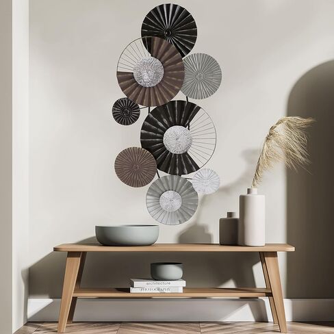 Modernist Home Floating Roundels Wall Art Sculpture, Hand Welded Metal, Brown, Black, Silver, Grey, 39.25 x 19.75 Inches in Saudi Arabia