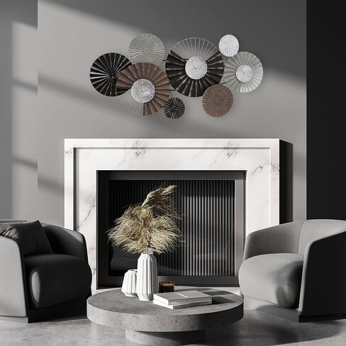 Modernist Home Floating Roundels Wall Art Sculpture, Hand Welded Metal, Brown, Black, Silver, Grey, 39.25 x 19.75 Inches in Saudi Arabia