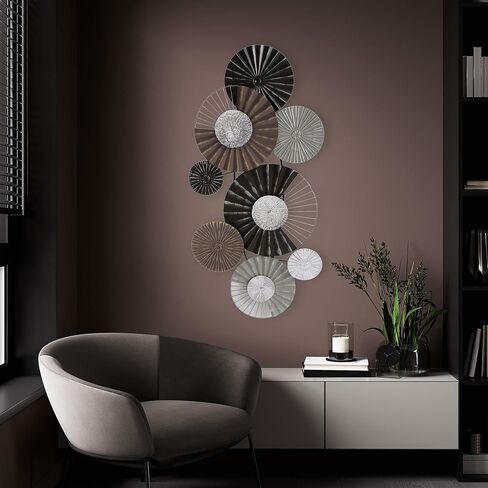 Modernist Home Floating Roundels Wall Art Sculpture, Hand Welded Metal, Brown, Black, Silver, Grey, 39.25 x 19.75 Inches in Saudi Arabia