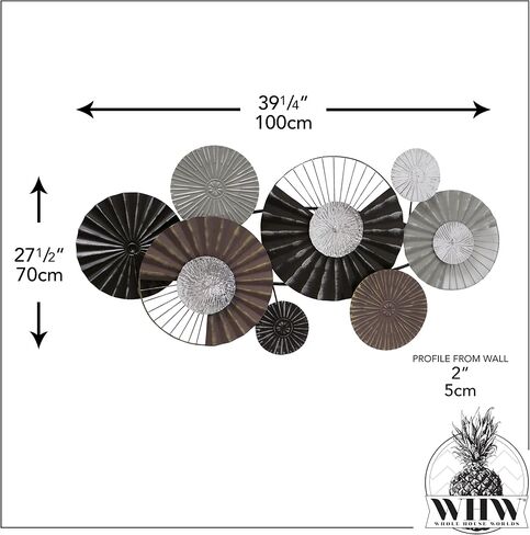 Modernist Home Floating Roundels Wall Art Sculpture, Hand Welded Metal, Brown, Black, Silver, Grey, 39.25 x 19.75 Inches in Saudi Arabia