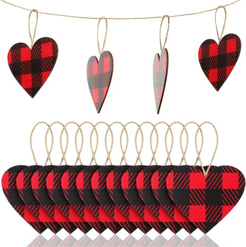 Valentine's Day Red Buffalo Plaid Ornament Red Plaid Hanging Ornament Wooden Heart Embellishment Heart Wooden Slice for Christmas Holiday Party Decor (12 Pieces) in Saudi Arabia