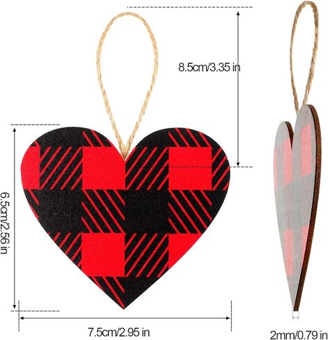 Valentine's Day Red Buffalo Plaid Ornament Red Plaid Hanging Ornament Wooden Heart Embellishment Heart Wooden Slice for Christmas Holiday Party Decor (12 Pieces) in Saudi Arabia