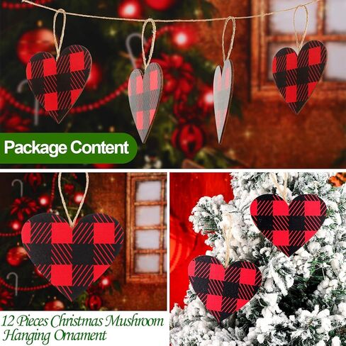 Valentine's Day Red Buffalo Plaid Ornament Red Plaid Hanging Ornament Wooden Heart Embellishment Heart Wooden Slice for Christmas Holiday Party Decor (12 Pieces) in Saudi Arabia