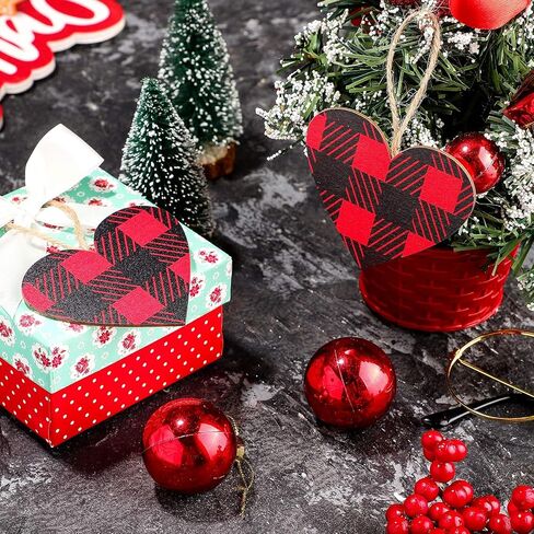 Valentine's Day Red Buffalo Plaid Ornament Red Plaid Hanging Ornament Wooden Heart Embellishment Heart Wooden Slice for Christmas Holiday Party Decor (12 Pieces) in Saudi Arabia