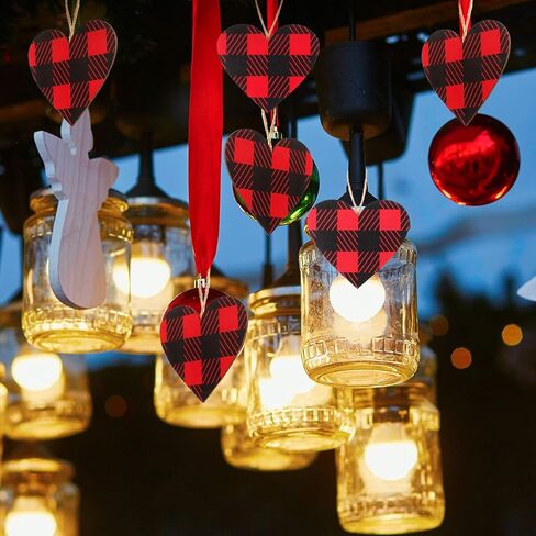 Valentine's Day Red Buffalo Plaid Ornament Red Plaid Hanging Ornament Wooden Heart Embellishment Heart Wooden Slice for Christmas Holiday Party Decor (12 Pieces) in Saudi Arabia
