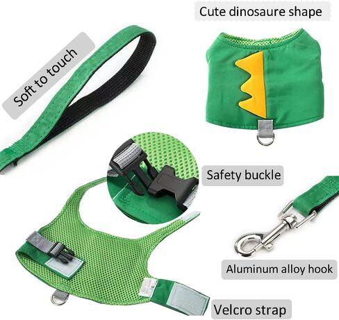 Dinosaur Shaped Puppy Dog Harness and Leash Set Green Cat Vest Harness with Walking Rope No Pull Comfort Pet Vest (Dinosaur, Small) in Saudi Arabia