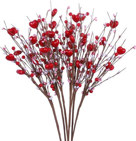 jinghong Valentine’s Day Gifts,6 Pcs Artificial Red Berry Flower Stems Pink Heart Shaped Berry Picks for Valentine’s Day,Wedding in Saudi Arabia