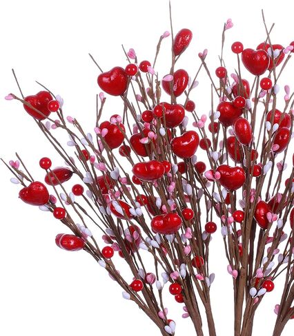 jinghong Valentine’s Day Gifts,6 Pcs Artificial Red Berry Flower Stems Pink Heart Shaped Berry Picks for Valentine’s Day,Wedding in Saudi Arabia