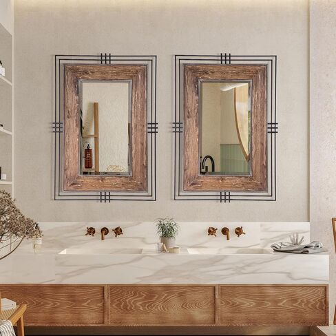 مرآة مستطيلة بإطار معدني وخشبي، مرايا حمام للحوض فوق المغسلة، مضادة للصدأ، زجاج مقسى، مرايا للحائط، الزينة، مرآة الحمام، مقاس 41 × 30 بوصة in Kuwait